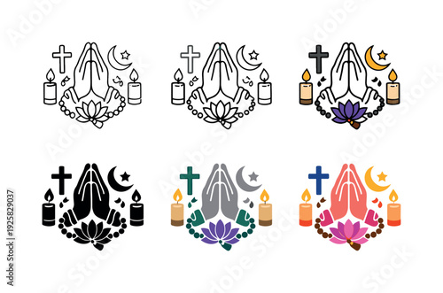 Spiritual practice icon depicting stylized hands in prayer, religious symbols, candles, and sacred objects representing worship,