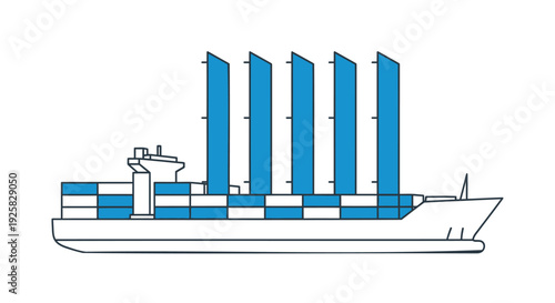 Cargo ship with wing sails for sustainable maritime transport and green shipping technology is depicted in this clean minimalist flat vector illustration for logistics and environmental concepts.