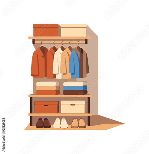 Minimal closet organization concept with simple hanging rail folded clothes storage boxes and shoes arranged neatly seen from