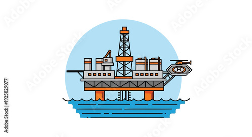 Offshore oil rig platform illustration featuring a drilling derrick and a helicopter on a helipad floating on ocean waves in a clean flat vector style for industrial energy design.