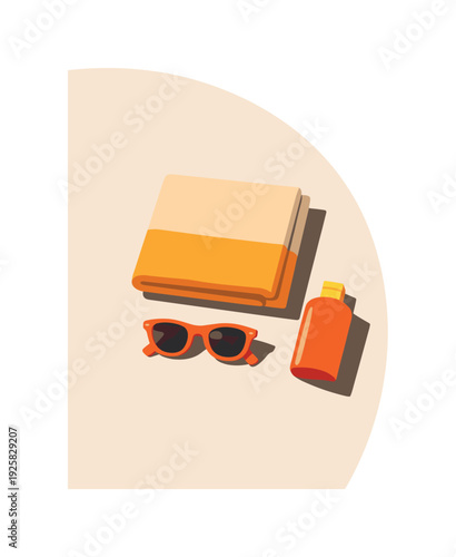 Summer essentials: sunglasses, towel, and sunscreen bottle on a light surface