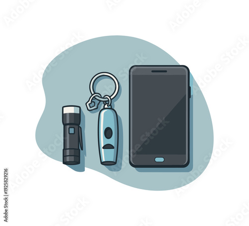 Everyday carry essentials: flashlight, keychain, and smartphone on a light blue background