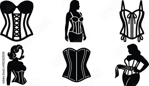 Flat design six corset icons with silhouette figures front and side views woman wearing vintage lace up retro outline corsets