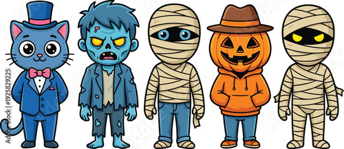 Cute halloween characters collection illustration, cat zombie mummy and pumpkin monster cartoon costume set
