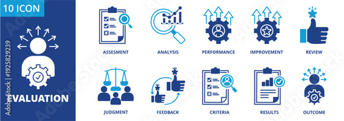 Evaluation icon collection set. Icon pack contain assessment,analysis, performance, improvement, review, judgment, feedback, criteria, results, outcome.  dual tone vector.	