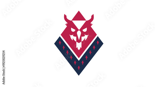 A red and dark blue geometric owl-like design on a white background with decorative elements