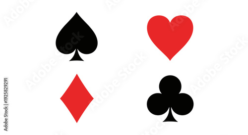Four classic playing card suits symbols hearts diamonds clubs and spades icons in red and black colors against a clean