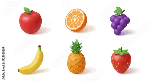 Assorted Fruits Displayed on White Background.