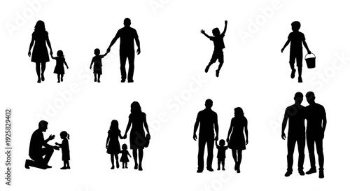 Diverse family silhouettes show parents and children bonding playing and walking together conveying love unity