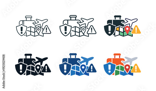 Travel insurance icons with suitcase, airplane, map, and warning signs