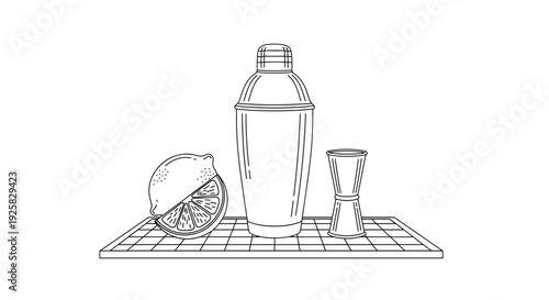 Hand drawn illustration of cocktail shaker jigger and citrus slice on grid perfect for bar mixology or beverage