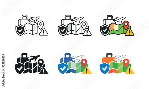 Travel safety icons: suitcase, airplane, map, shield, and warning sign