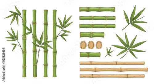 Vibrant green bamboo stalks with leaves and segments arranged compositionally alongside natural brown bamboo pieces