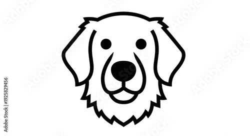 Minimalist black and white line art illustration of a happy dog's face featuring floppy ears bright eyes and a friendly