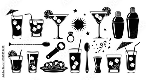 Collection of stylized black and white cocktail glasses bar tools and party elements on a clean white background
