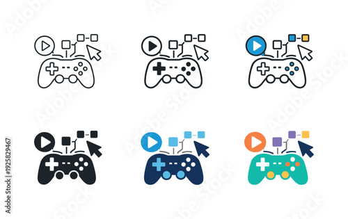 Game development workflow icons showing controller, play button, and flowchart elements