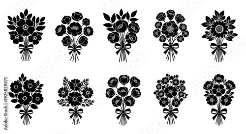 Elegant black silhouette bouquets of assorted flowers and leaves tied with ribbons isolated on white background vector