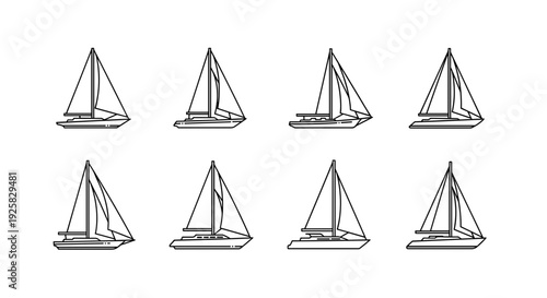 Collection of eight distinct line art illustrations of sailboats showcasing various sail configurations and hull