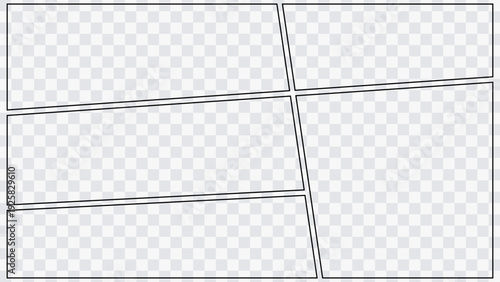 Dynamic manga panel layout with diagonal comic frames. Empty storyboard template for anime or graphic novel page. Black outline panels isolated on transparent background.