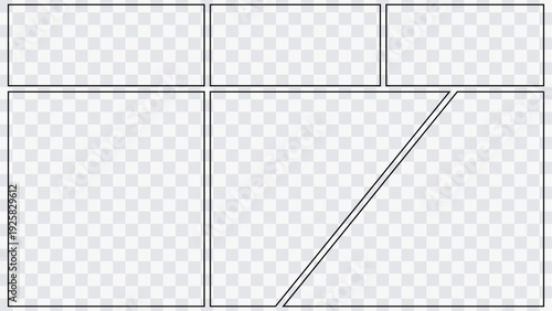 Manga storyboard template with dynamic comic panels. Empty comic page layout for manga, anime or graphic novel scenes. Black outline frames isolated on transparent background.
