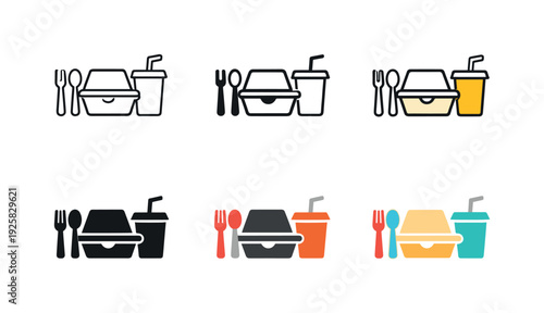Set of icons representing takeaway food and drink, including cutlery, container, and beverage cup