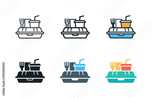 Takeaway meal icons showing food container, drink, and cutlery in various styles