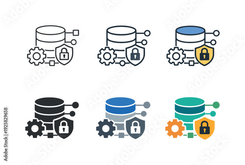 Database security and management icons with lock, shield, and gear symbols