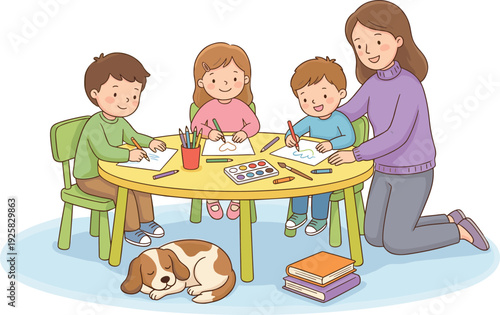 Mother helping children drawing at table, cute family art activity illustration with kids painting and dog indoors