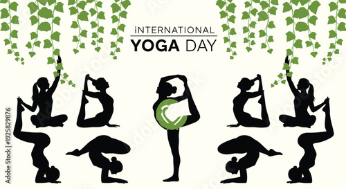Yoga day vector icon set, International Yoga Day illustrations. Includes yoga poses, silhouettes, and leaf decorations.