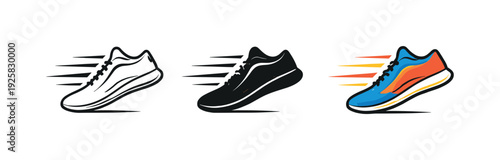 Rapid motion conveyed by a streamlined running shoe angled ahead, same silhouette repeated horizontally with consistent scale,