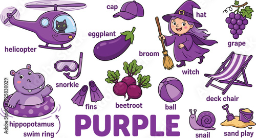 Purple objects collection illustration, educational vocabulary set with witch helicopter eggplant grape hippopotamus and kids learning elements