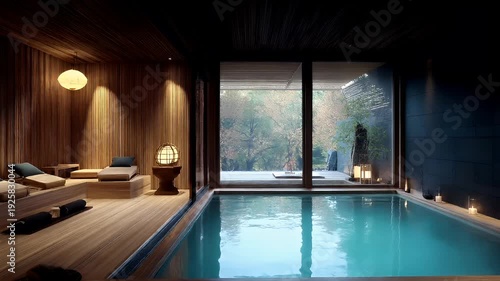 Wallpaper Mural Geothermal hot springs resort, spa, bath pool, winter relaxation vacation theme. An indoor swimming pool in a room with wooden walls and a wooden ceiling. The pool is surrounded by candles, towels. Torontodigital.ca