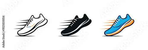 Rapid motion conveyed by a streamlined running shoe angled ahead, same silhouette repeated horizontally with consistent scale,