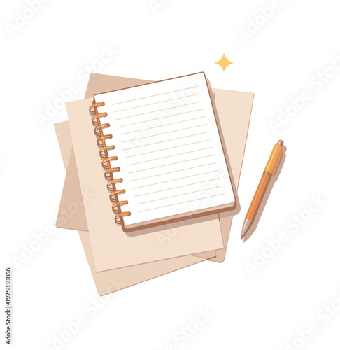 Minimal creative writing desk setup with notebook loose pages and pen loosely arranged seen from a top-down angle, offset to the