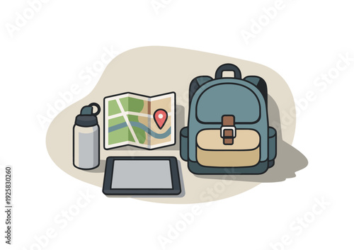 Clean road trip essentials concept viewed from above with generic backpack map water bottle and tablet aligned clearly, placed in