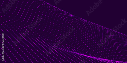 Futuristic dynamic wave. Abstract background of moving particles. Colorful music wave. Banner dedicated to technology or science. Digital technologies. 3D vector illustration.