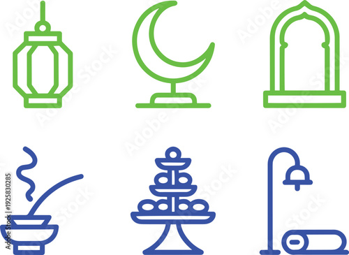 Collection of Islamic cultural icons: lantern, crescent moon, archway, incense, fruit tray, lamp.