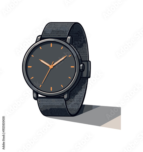 Modern minimalist wrist watch with dark grey dial and orange hands on a mesh strap