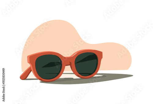Stylish red sunglasses with dark lenses casting a shadow on a neutral background