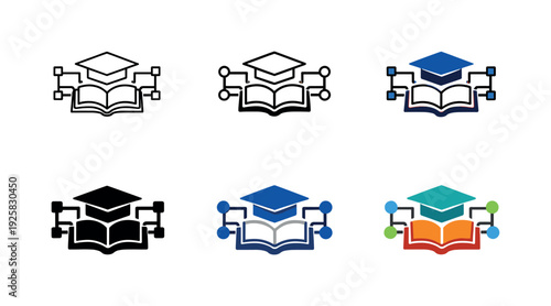 Connected learning icon depicting a graduation cap, open book, and digital network nodes, symbolizing smart education, online