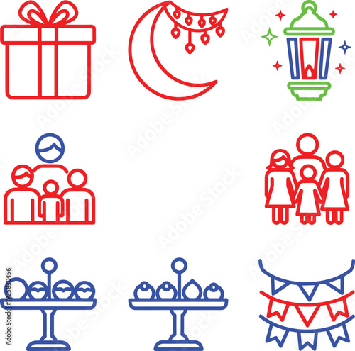 Eid mubarak family celebration line icons with gift box and festive hanging flags ornaments