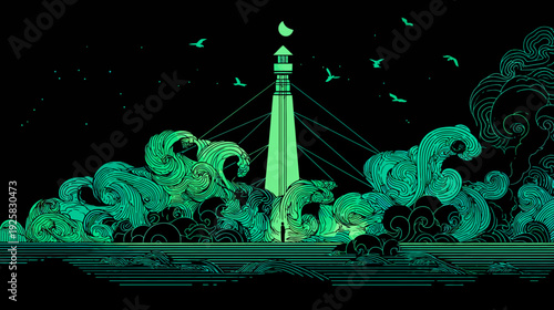 A stylized illustration features a lighthouse with waves, birds, and a crescent moon against black