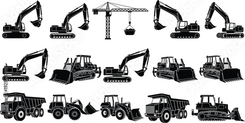 Collection of heavy construction machinery silhouettes featuring excavators bulldogs dump trucks and tower cranes isolated on white background for industrial engineering and building