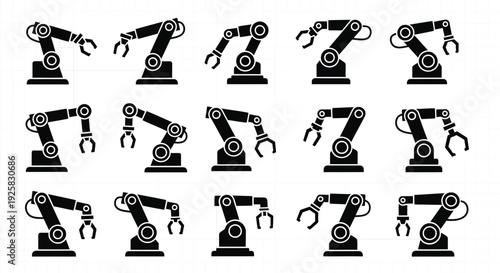 Industrial robotic arm icons set featuring various mechanical manipulator arms for factory automation and manufacturing processes in a flat black vector illustration style for technology design.