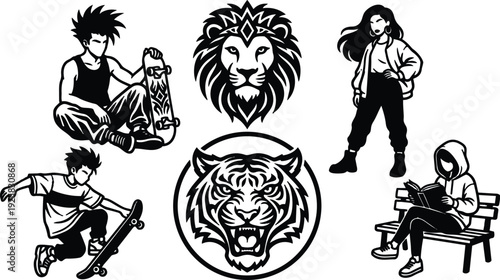 Tattoo flash vector composition roaring tiger emblem lion head and four urban skateboarders and seated reader in bold line art