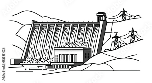 Hydroelectric dam vector illustration featuring water flowing through spillways in a mountainous landscape with electricity pylons for renewable energy production and sustainable power infrastructure 