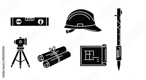 Construction and engineering tool icons featuring a hard hat, level, blueprints, and surveying equipment in a minimalist black silhouette vector style for industrial project planning and architecture.