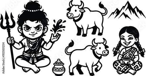 Tattoo flash vector child shiva seated holding trident and water splash two cows smiling village girl and mountain silhouettes black