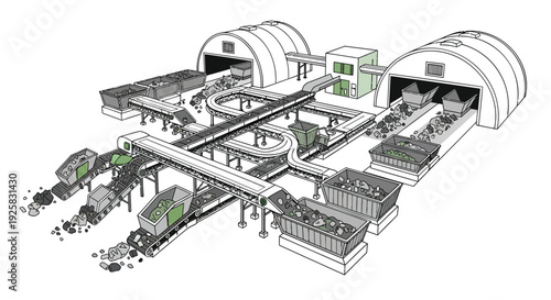 Industrial recycling facility vector illustration showing waste management processing with conveyor belts, sorting bins, and large hangars for sustainable environmental cleanup and urban waste disposa
