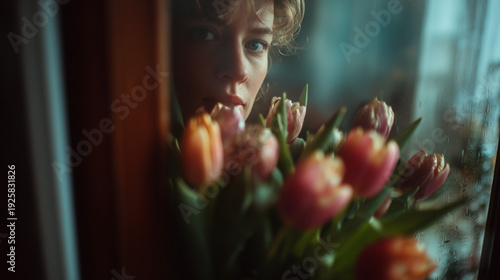 A woman looks at flowers given to her on March 8